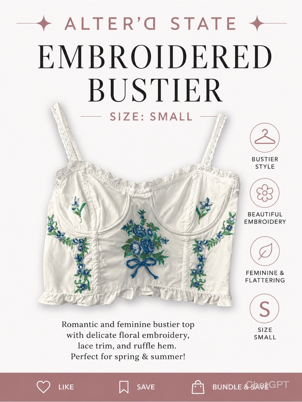 Altar'd State White Embroidered Bustier Crop Top with Blue Floral Accents